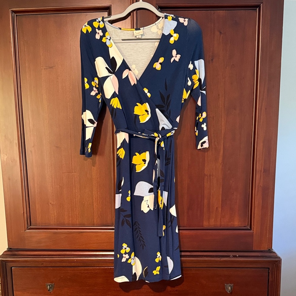 A New Day faux wrap Navy and Yellow Floral Long Sleeve Dress with tie at waist